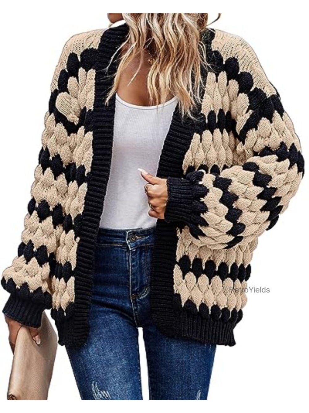 Chunky Cable Knit Open Front Cardigan Lantern Sleeve Oversized Women's